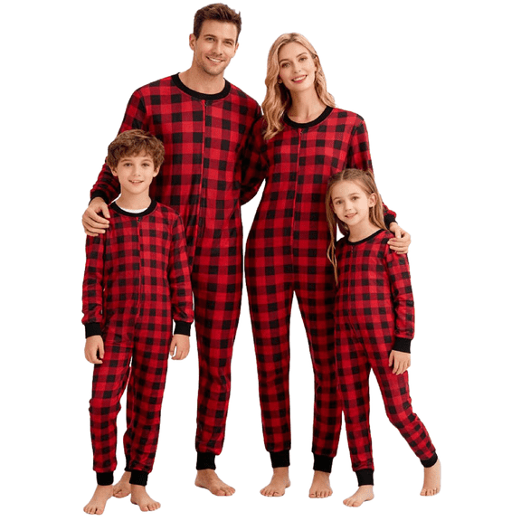 Family Matching Christmas Pajamas Set Plaid Long Sleeve Button Full Length Jumpsuit Sleepwear