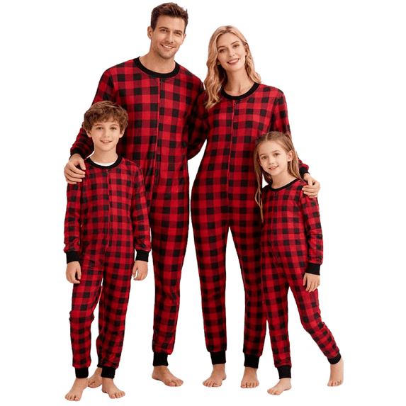 Family Matching Christmas Pajamas Set Plaid Long Sleeve Button Full Length Jumpsuit Sleepwear