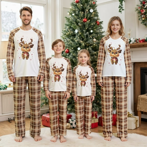 Family Matching Christmas Pajamas Set Plaid Reindeer Print Christmas Pajamas For Family Dad Mom Kids Baby PJs Holiday Xmas Jammies Loungewear