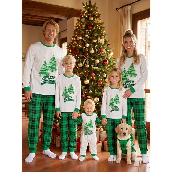 Family Matching Christmas Pajamas Set Plaid and Letter Holiday Pajamas