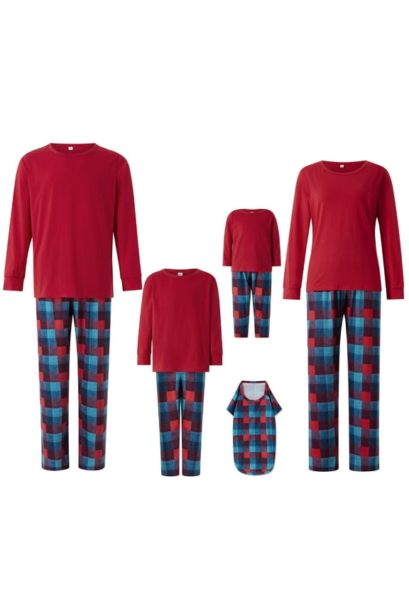 Family Matching Christmas Pajamas Set Solid Color Long Sleeve Tops Plaid Pants for Adult Kids Baby Dog Sleepwear