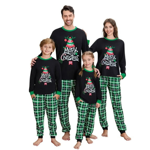 Family Matching Christmas Pajamas Set Tree Letter Plaid Print Holiday Pajamas Sleepwear