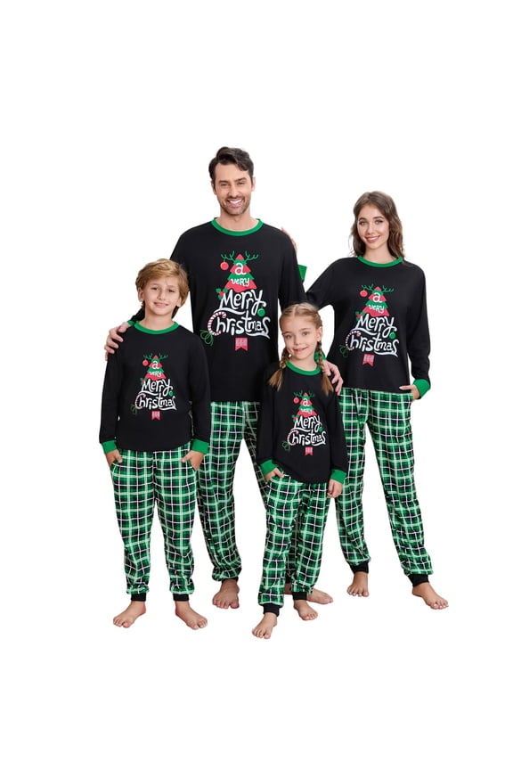 Family Matching Christmas Pajamas Set Tree Letter Plaid Print Holiday Pajamas Sleepwear
