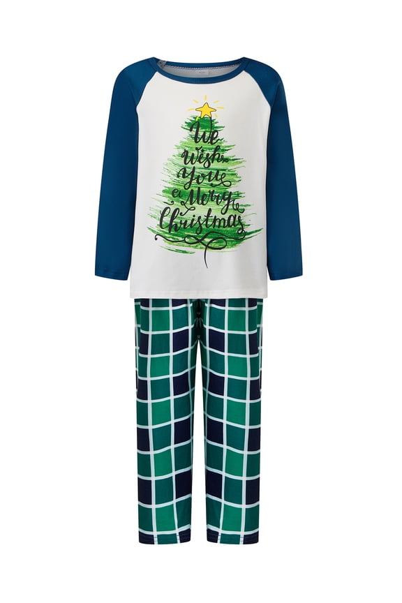 Family Matching Christmas Pajamas Set Tree Letter Print Tops and Plaid Pants Holiday Sleepwear
