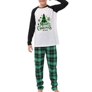 CAITZR Family Matching Christmas Pajamas Set, Xmas Tree Letter Print Round Neck Long Sleeve Tops Plaid Long Pants for Parents Kids