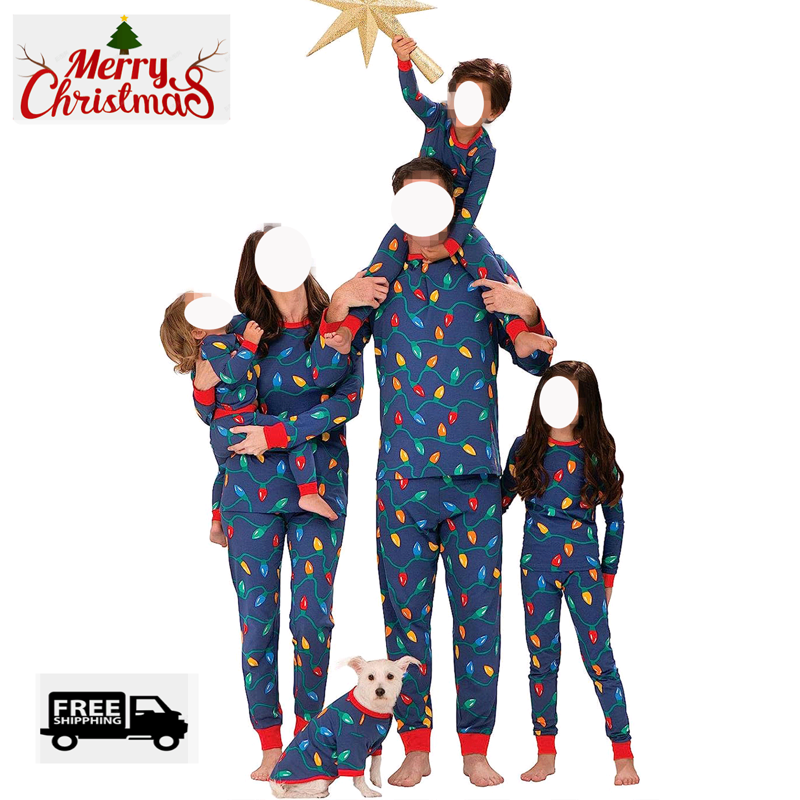 Family Matching Christmas Pajamas Set with Colorful String Lights