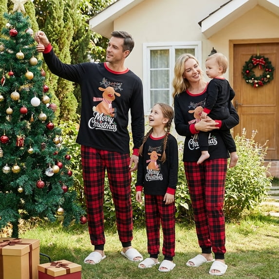 Family Matching Christmas Pajamas Set with Dog Cartoon Deer Plaid Print Holiday Pajamas Sleepwear