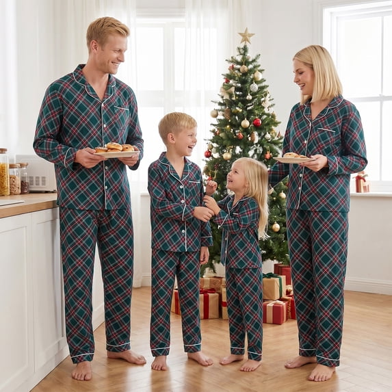 Family Matching Christmas Pajamas Set with Dog Green Red Plaid Button Down Long Sleeve Sleepwear