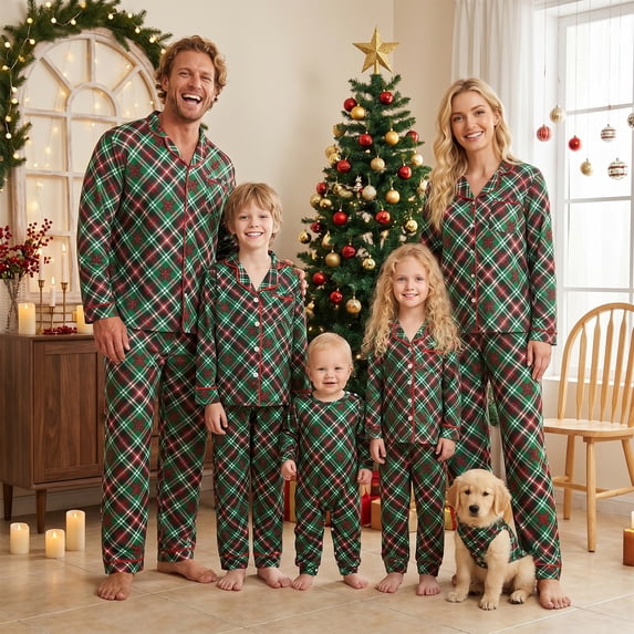 Family Matching Christmas Pajamas Set with Dog Green Red Plaid Button Down Long Sleeve Sleepwear