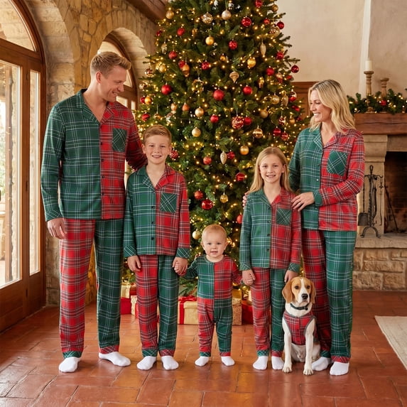 Family Matching Christmas Pajamas Set with Dog Green Red Plaid Button Down Long Sleeve Sleepwear