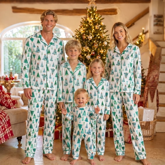 Family Matching Christmas Pajamas Sets Cute Christmas Tree Print Holiday Pjs Sleepwear Loungewear