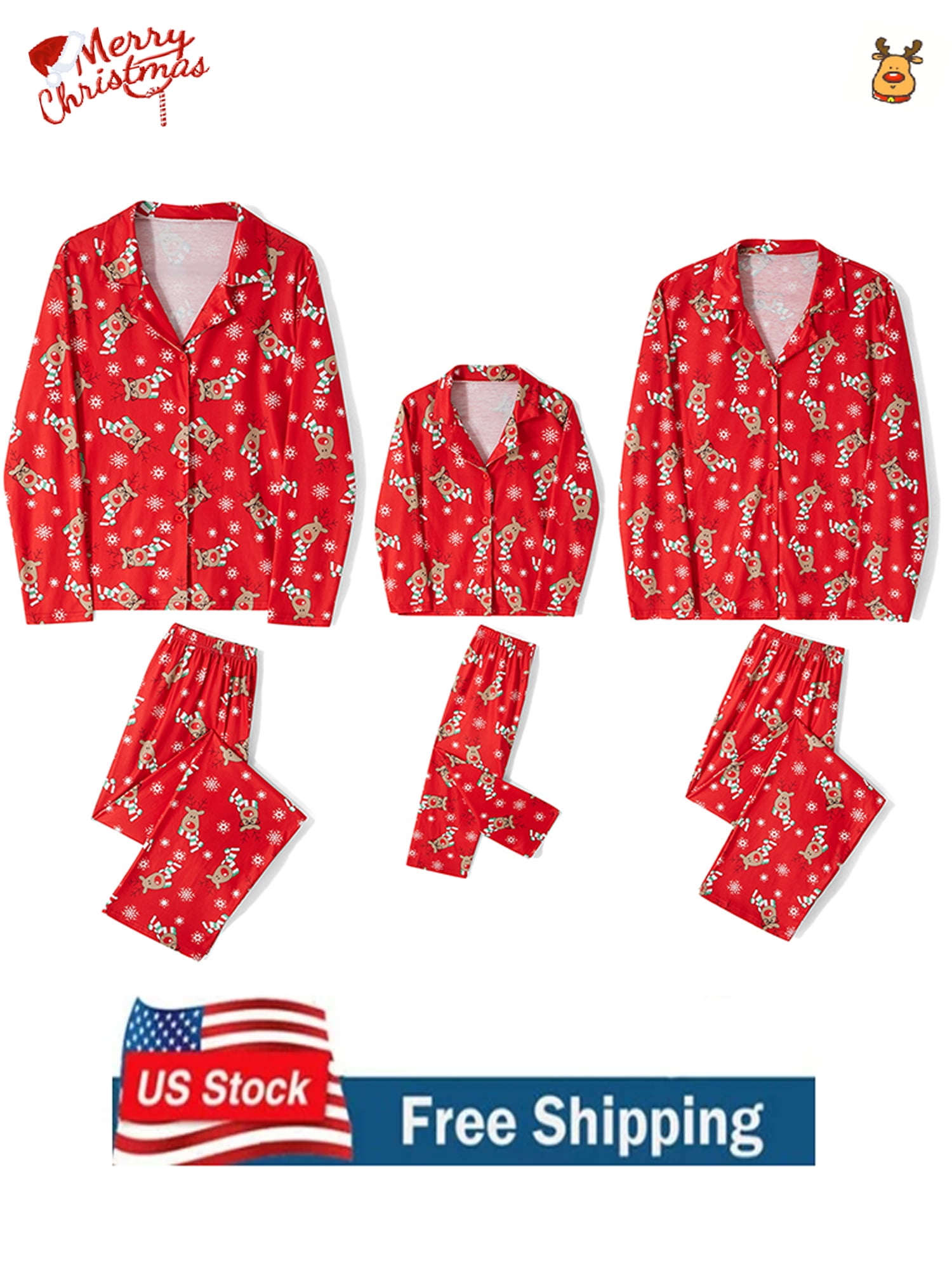 Family Matching Christmas Pajamas Sets Deer Snowflake Print Lapel Long