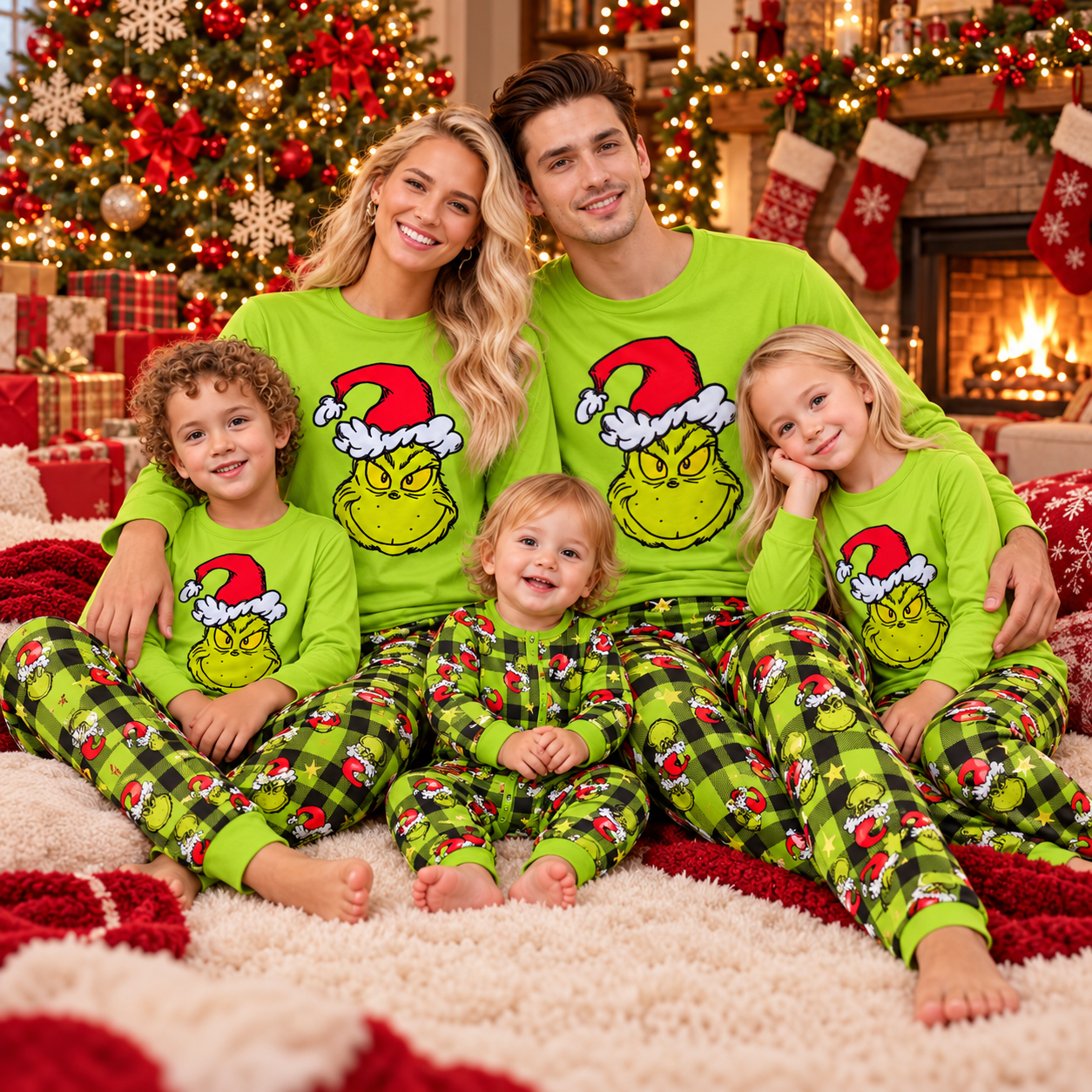 Family Matching Christmas Pajamas Sets, Green Cartoon Graphic Print ...