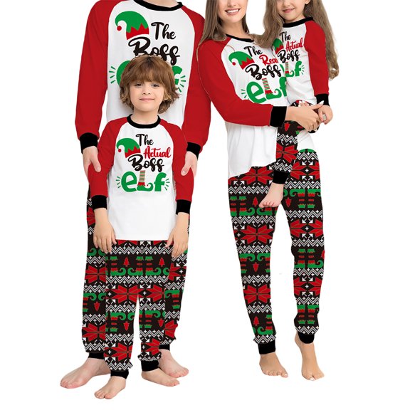 Family Matching Christmas Pajamas Sets Long Sleeve Christmas Hat Print Tops + Pattern Print Pants