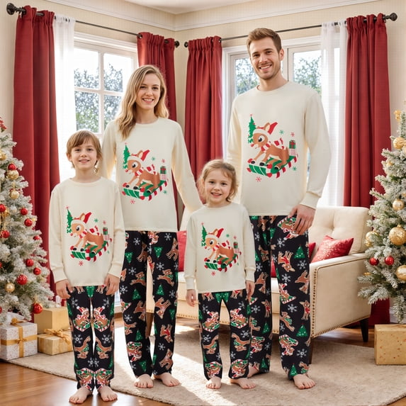 Family Matching Christmas Pajamas Sets Long Sleeve Elk Print Plaid Holiday Pjs Sleepwear Nightwear