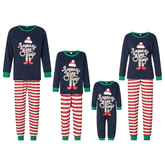 Family Matching Christmas Pajamas Sets Long Sleeve Letter Print Tops   Striped Pants/Long Sleeve Jumpsuit Sleepwear Set