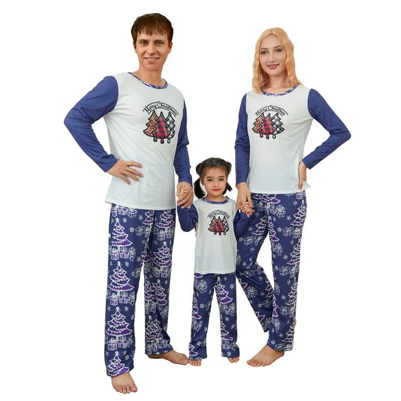 Family Matching Christmas Pajamas Sets Long Sleeve Patchwork Tops   Christmas Tree Print Pants or Patchwork Jumpsuit