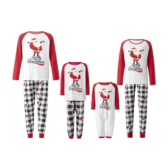 Family Matching Christmas Pajamas Sets Long Sleeve Santa Claus Print Tops + Plaid Pants or Long Sleeve Jumpsuit