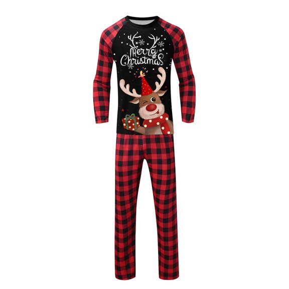 Family Matching Christmas Pajamas Sets Long Sleeve Shirts Xmas Reindeer Graphic Letter Printed Casual Plaid Pants Holiday Loungewear Outfits Red Men 2XL