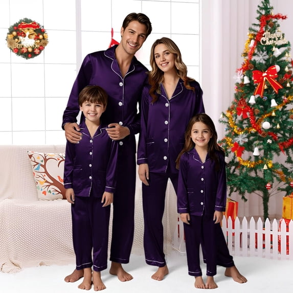Family Matching Christmas Pajamas Silk Christmas Pajamas Long Sleeve Button down Festival Party Sleepwear Matching Pjs Mom and Daughter Mens Christmas Pajamas