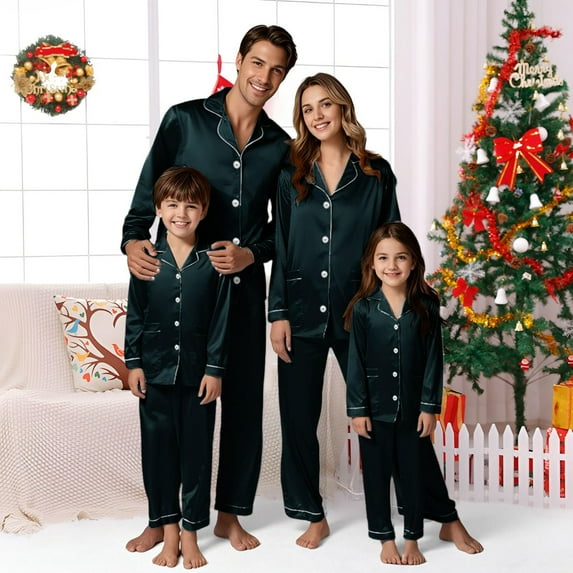 Family Matching Christmas Pajamas Silk Pajamas Holiday Long Sleeve Button down Sleepwear Cute Christmas Pjs Womens Christmas Pajamas