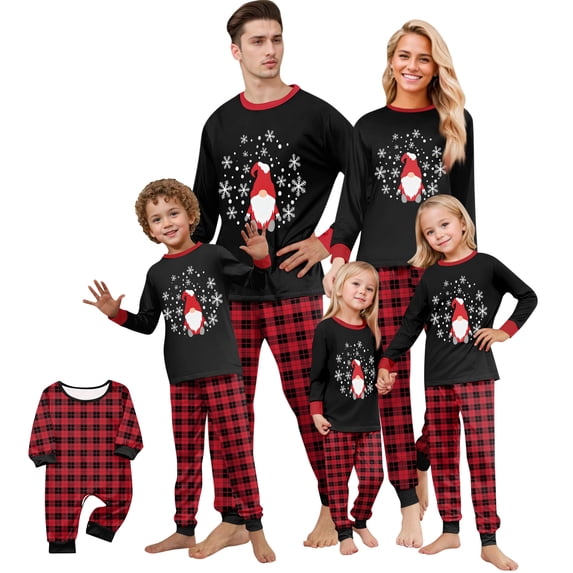 Family Matching Christmas Pajamas, Snowflake and Gnome Print Long Sleeve Tops with Plaid Pants, Holiday Sleepwear for Family