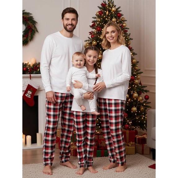 Family Matching Christmas Pajamas, Solid Color Tops Plaid Pants Holiday Sleepwear Set