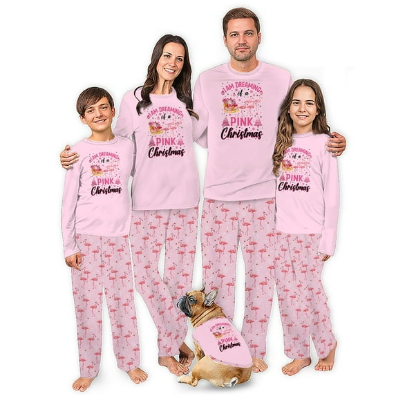 Family Matching Christmas Pajamas With Pink Flamingo Holiday, Cotton And Polyester, Size NB - Men 6XL