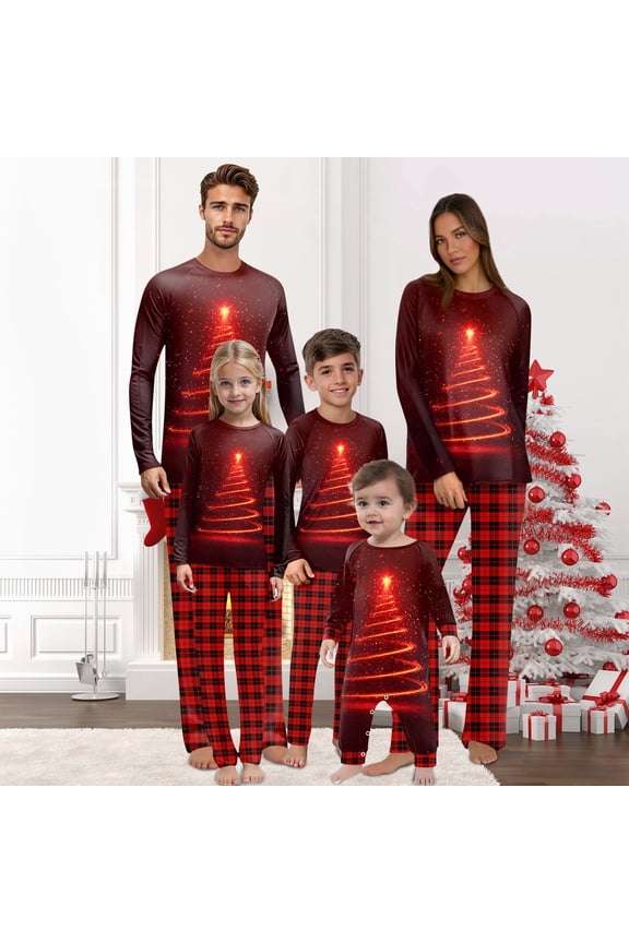 Family Matching Christmas Pajamas – matching family christmas pajamas – Matching Christmas Pjs for Family with Red Light-Up Christmas Tree Print Tops & Plaid Pants – Christmas family pajamas matching