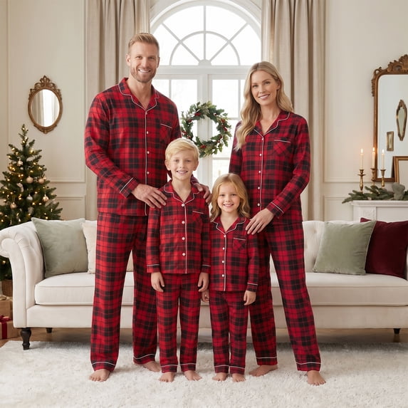 Family Matching Christmas Plaid Pajamas Long Sleeve Button Down Lapel Tops Pants Pajamas Set