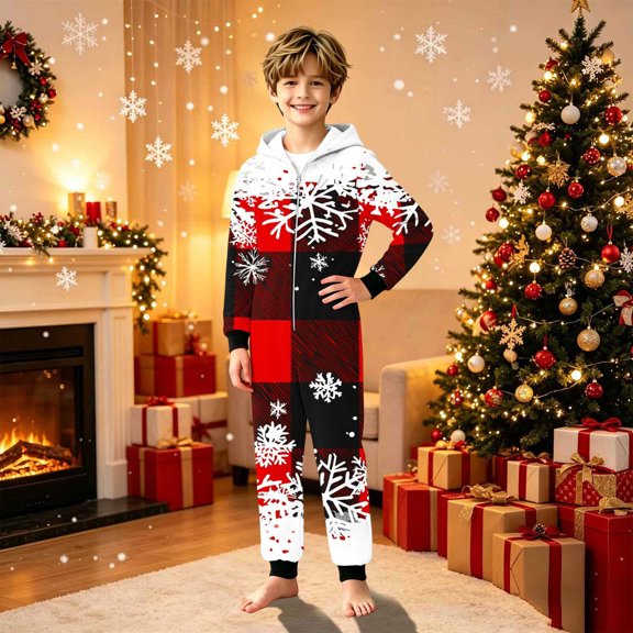 Family Matching Christmas Print Lounge Onesie Pajama, Hooded Full Zip Long Sleeve Jumpsuit, Buffalo Plaid & Snowflake Graphic, Pajama for Women Men