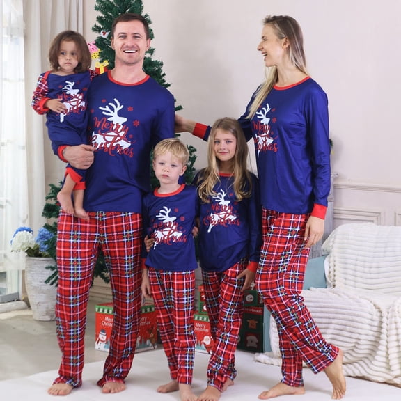 Family Matching Christmas Pyjamas Print Top Plaid Bottoms Family Sleepwear Nightwear Loungewear