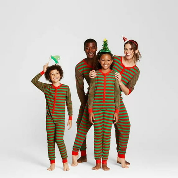 Family Matching Christmas Striped Jumpsuit Pajamas Long Sleeves Warm Soft Comfortable Family Wear Parent-Child Wear Christmas Home Wear
