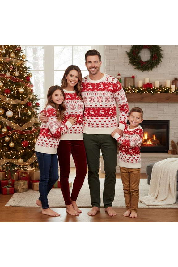Family Matching Christmas Sweater Crewneck Long Sleeve Knitted Pullover Tops for Couples