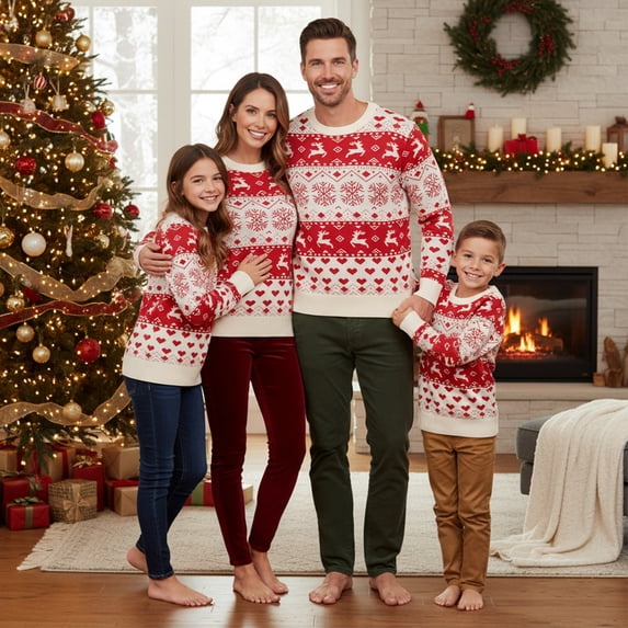 Family Matching Christmas Sweater Crewneck Long Sleeve Knitted Pullover Tops for Couples