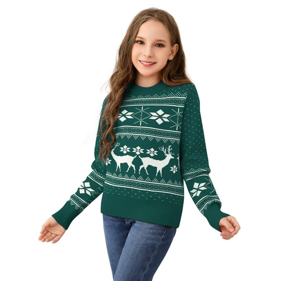 Family Matching Christmas Sweater Round Neck Reindeer Snowflakes Ugly Knitted Sweater Pullover for Children