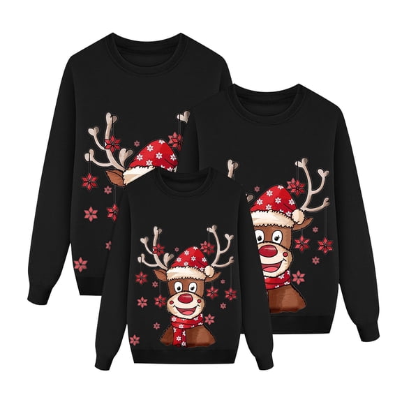 Family Matching Christmas Sweatshirts Crewneck Long Sleeve Shirts Graphic Reindeer Snowflake Casual Printed Winter Tops Kids Black XL