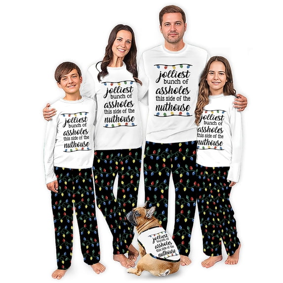 Family Matching Christmas Vacation Pajama Set, Festive String Light Design with Black Pants and Pet Outfit