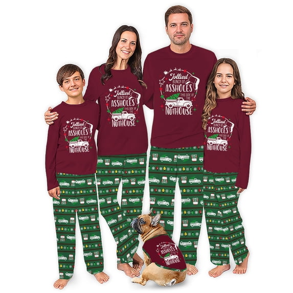 Family Matching Christmas Vacation Pajama Set, Festive Truck And Green Holiday Pattern Pants
