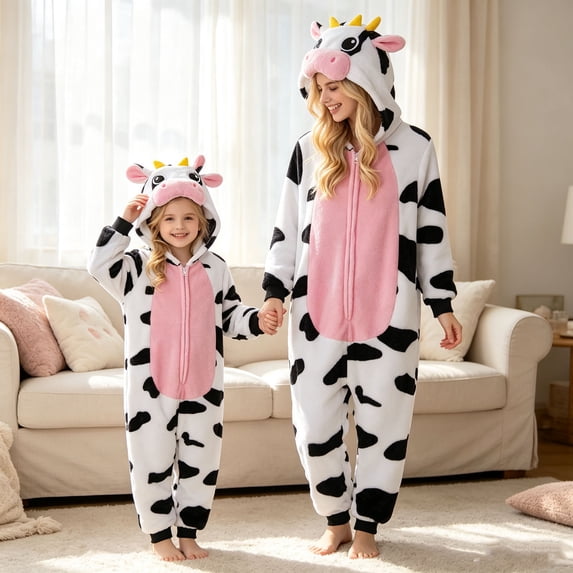 Family Matching Cow Pattern Hooded One Piece Pajamas Flannel Full Zipper Jumpsuit Sleepwear for Adults and Kids