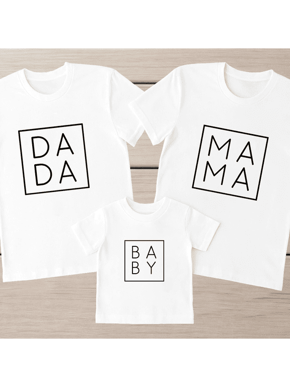 Family Matching Crew Neck Tees Minimal Square Dada Mama Baby Letter Print Short Sleeve Casual