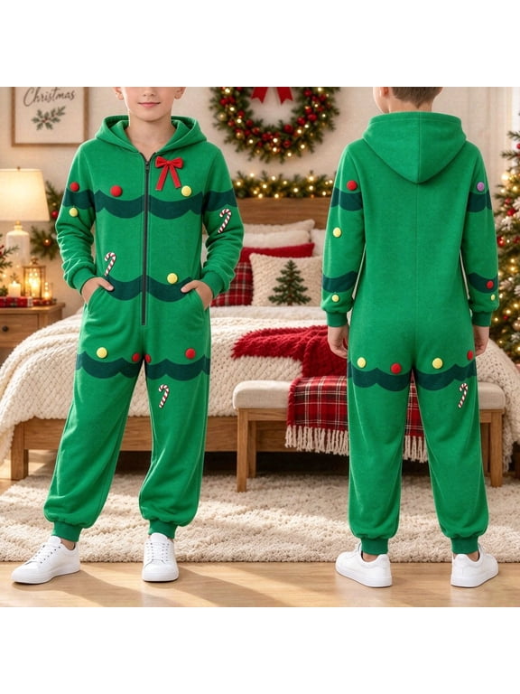 Family Matching Elf Christmas Onesie Hooded Coverall for Kids Boys Girls Festive Cozy