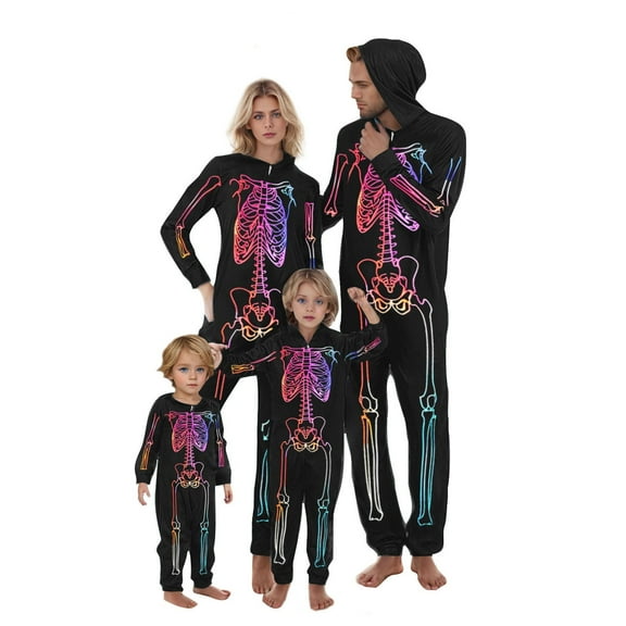 Family Matching Hallo-ween Pajamas Woman Thanksgiving Day Cute Stripe Print Long Sleeves Jumpsuit Mom L