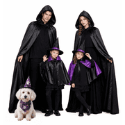 Family Matching Halloween Costumes Set Black Purple Cloak Halloween Costumes for Men Women Little One Dogs, Witch Cape Hat Cosplay Outfit, Family Halloween Cloak Costume for Party & Trick or Treat
