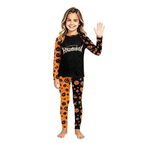 Family Matching Halloween PJs Set, Spooky Pumpkin Ghost Print Long Sleeve Pajamas Loungewear Outfits for Family Holiday Party