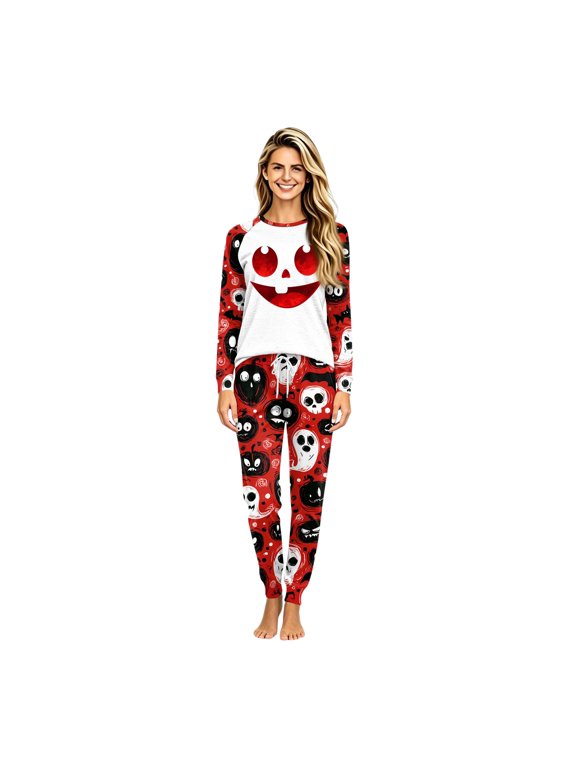 Family Matching Halloween PJs Set, Spooky Red Devil Monster Face Long Sleeve Pajamas Loungewear Outfits for Halloween Eve Party