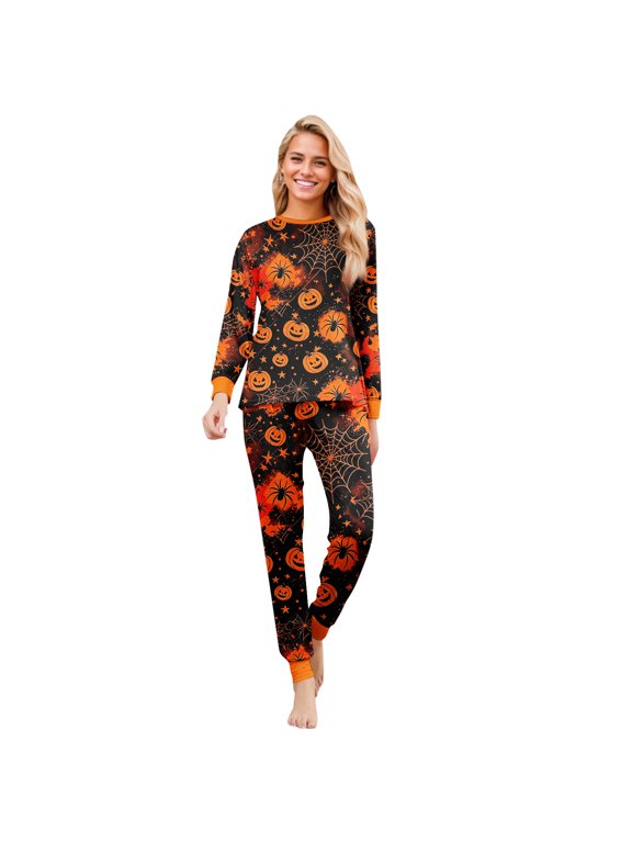 Family Matching Halloween Pajama Set Orange Pumpkin Spider Splatter Print Cozy Stretch Night Suit Women XL