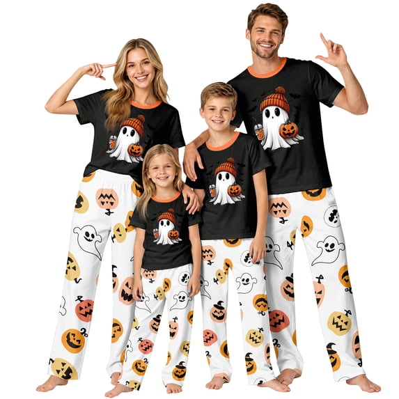 Family Matching Halloween Pajamas Set - 2 piece Ghost with Pumpkin Short Sleeve Tops+Pants Sleepwear Sets,Halloween Pajamas for Family Matching Sets & Xmas for S Pjs