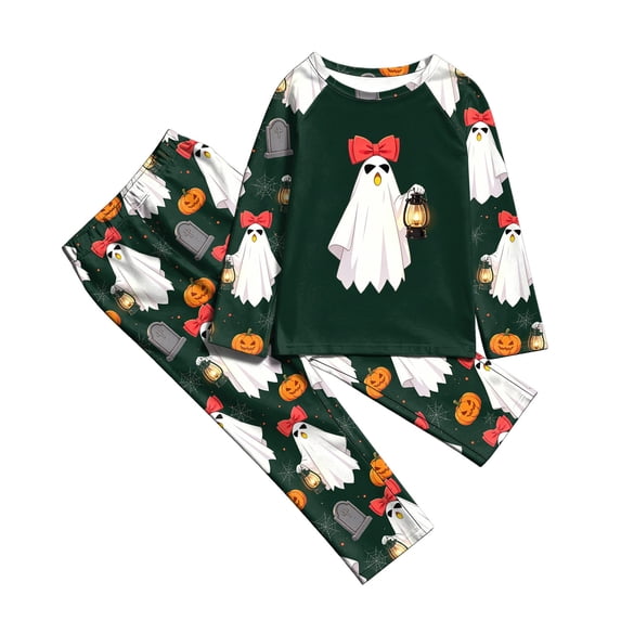 Family Matching Halloween Pajamas Set Cute Ghost Print Long-Sleeved Tops Trousers Sleepwear Outfits Holiday Sleepwear PJs