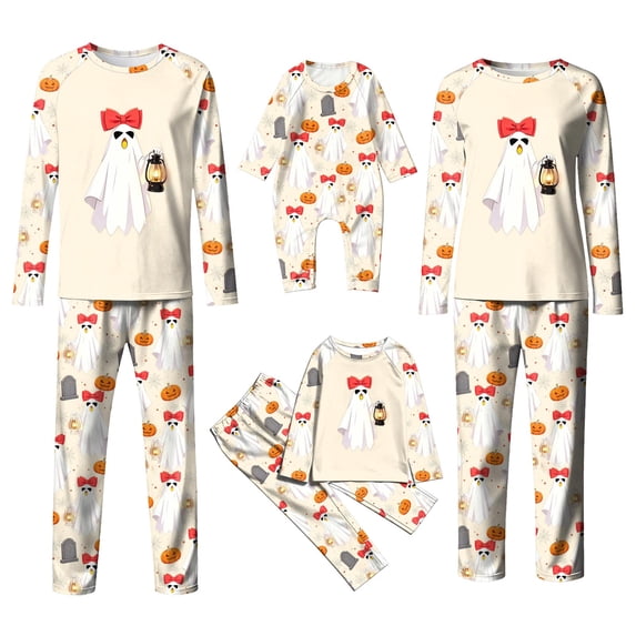 Family Matching Halloween Pajamas Set Cute Ghost Print Long-Sleeved Tops Trousers Sleepwear Outfits Holiday Sleepwear PJs